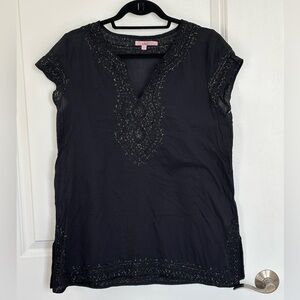 Calypso St. Barth Black Beaded Cap-Sleeve Tunic, size large